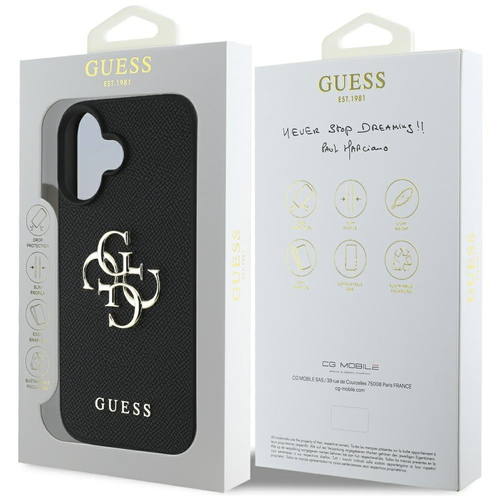 Ovitek za Apple iPhone 16, Guess, Grained Big 4G Logo Small Classic Logo, črn