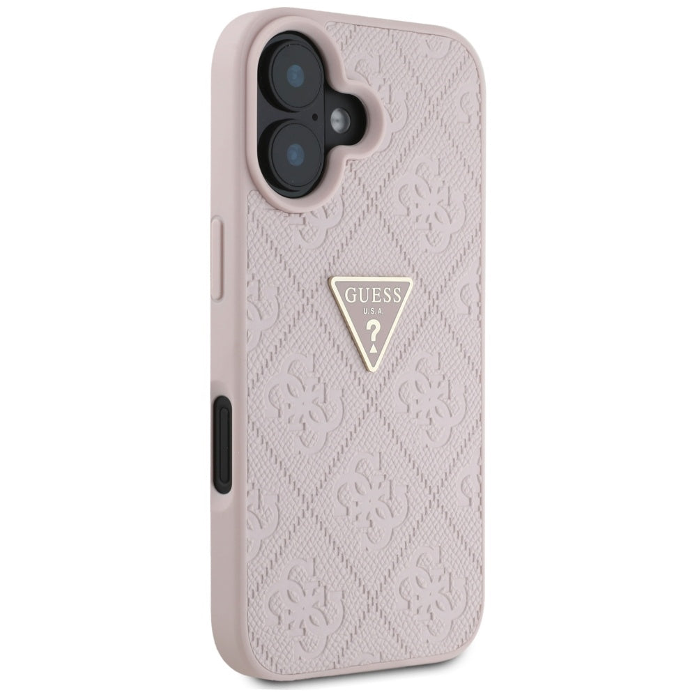 Ovitek za Apple iPhone 16, Guess, Hot Stamp 4G Pattern Triangle Logo, Roza