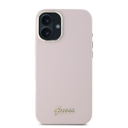 Ovitek za Apple iPhone 16, Guess, Script Metal Logo & Frame, Roza