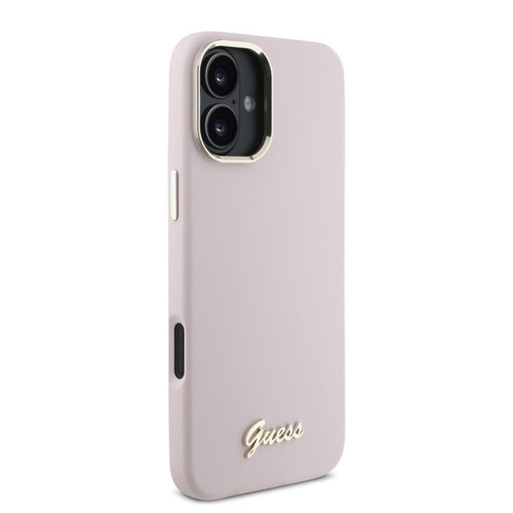 Ovitek za Apple iPhone 16, Guess, Script Metal Logo & Frame, Roza