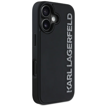 Case for Apple iPhone 16, Karl Lagerfeld, 3D Rubber Elongated Glitter Logo, Black