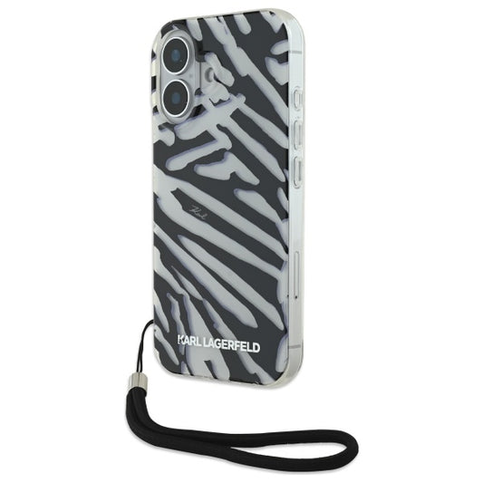 Ovitek za Apple iPhone 16, Karl Lagerfeld, IML Luxury Zebra Pattern with Strap, Črna