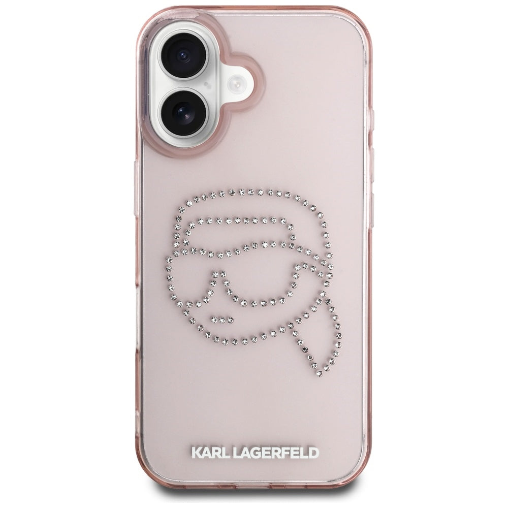 Ovitek za Apple iPhone 16, Karl Lagerfeld, IML Rhinestones Karl's Head, Roza