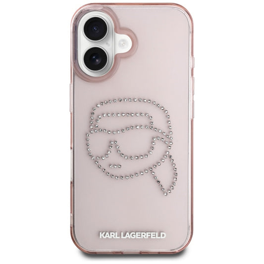 Ovitek za Apple iPhone 16, Karl Lagerfeld, IML Rhinestones Karl's Head, Roza
