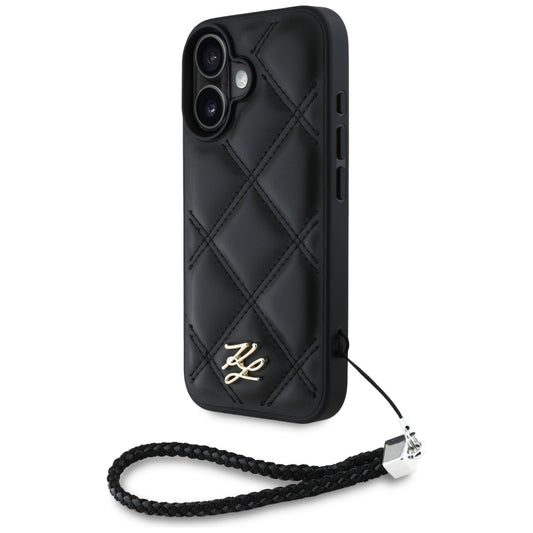 Ovitek za Apple iPhone 16, Karl Lagerfeld, Quilted Initial Logo & Chain Strap, Črna
