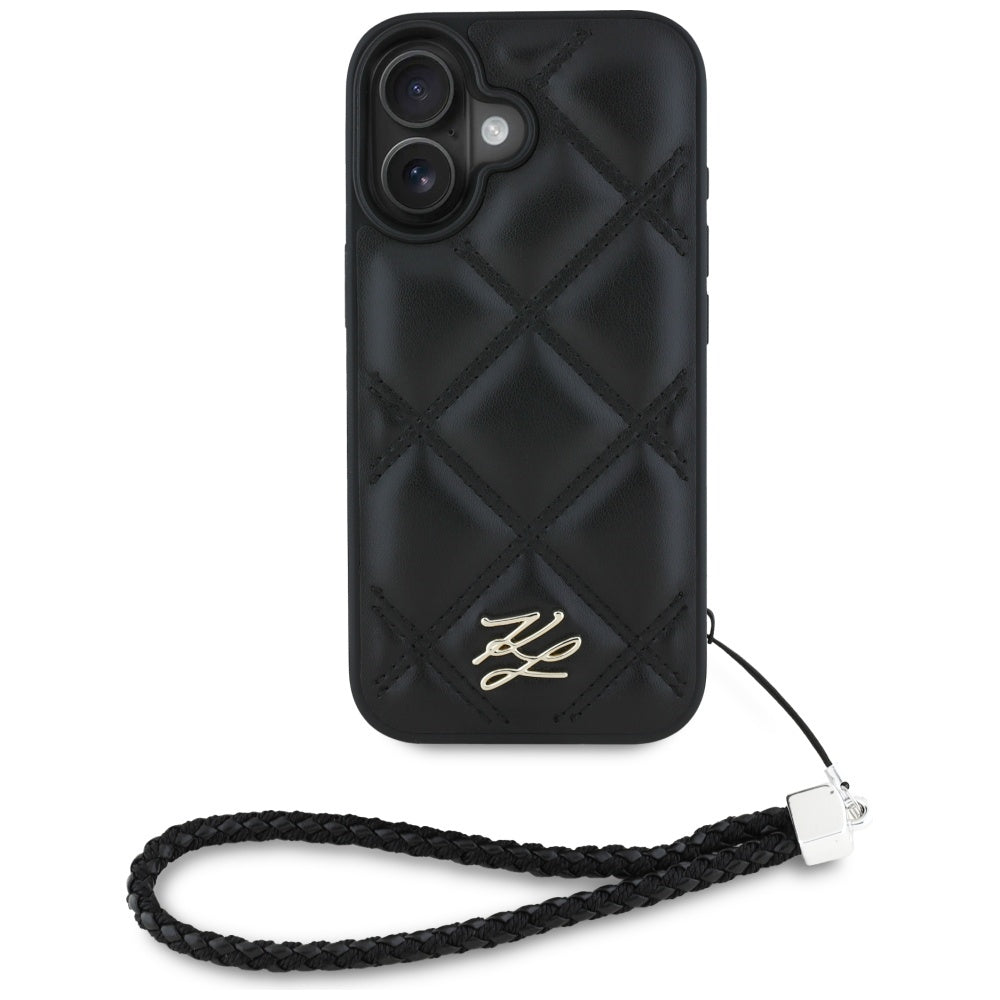 Case for Apple iPhone 16, Karl Lagerfeld, Quilted Initial Logo & Chain Strap, Black