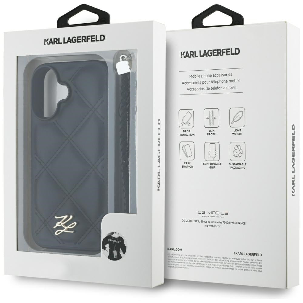 Case for Apple iPhone 16, Karl Lagerfeld, Quilted Initial Logo & Chain Strap, Black