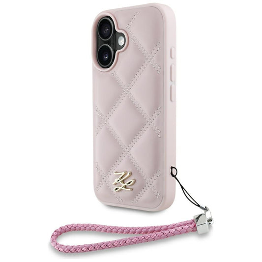 Ovitek za Apple iPhone 16, Karl Lagerfeld, Quilted Initial Logo & Chain Strap, Roza
