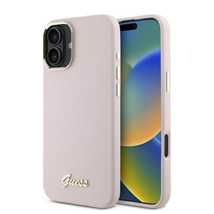 Ovitek za Apple iPhone 16 Plus, Guess, Script Metal Logo & Frame, Roza