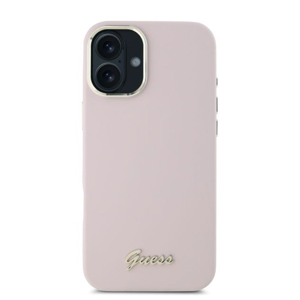 Ovitek za Apple iPhone 16 Plus, Guess, Script Metal Logo & Frame, Roza