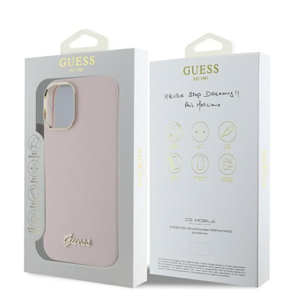 Ovitek za Apple iPhone 16 Plus, Guess, Script Metal Logo & Frame, Roza