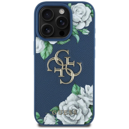 Ovitek za Apple iPhone 16 Pro, Guess, 4G Grained Roses Big Logo, Modra