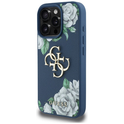 Ovitek za Apple iPhone 16 Pro, Guess, 4G Grained Roses Big Logo, Modra