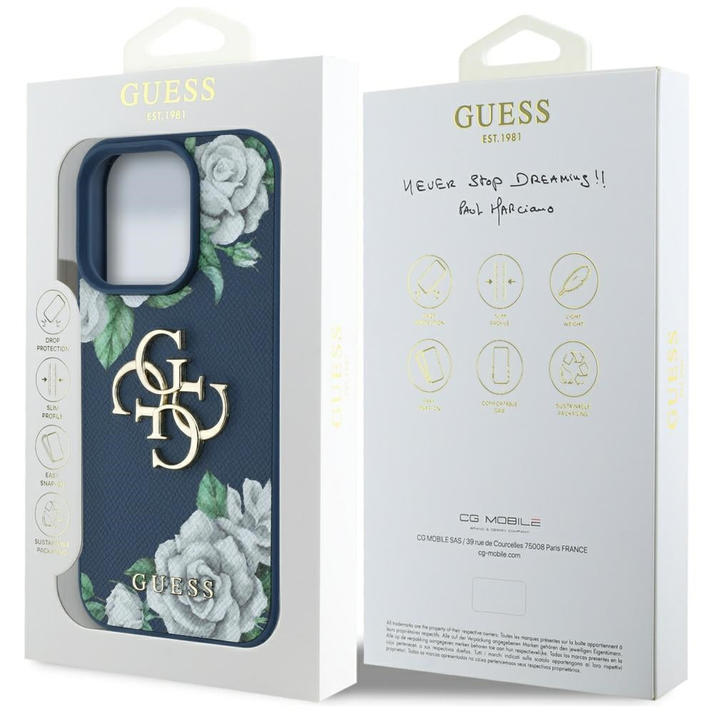 Ovitek za Apple iPhone 16 Pro, Guess, 4G Grained Roses Big Logo, Modra