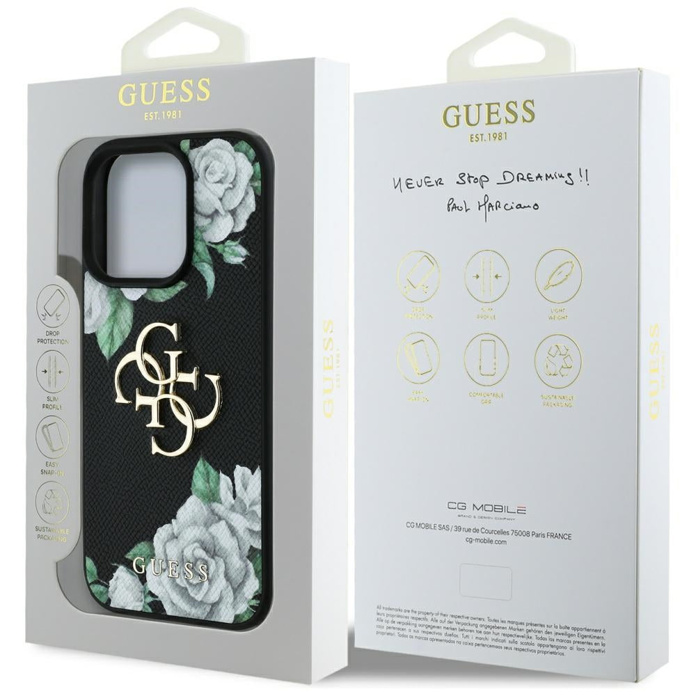 Ovitek za Apple iPhone 16 Pro, Guess, 4G Grained Roses Big Logo, črn