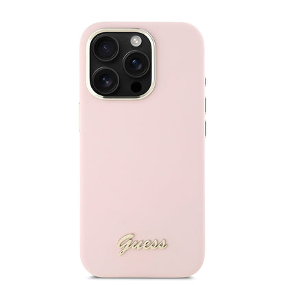 Ovitek za Apple iPhone 16 Pro, Guess, Script Metal Logo & Frame, Roza