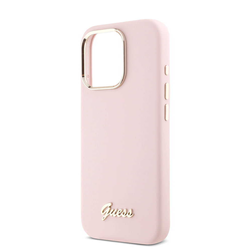 Ovitek za Apple iPhone 16 Pro, Guess, Script Metal Logo & Frame, Roza