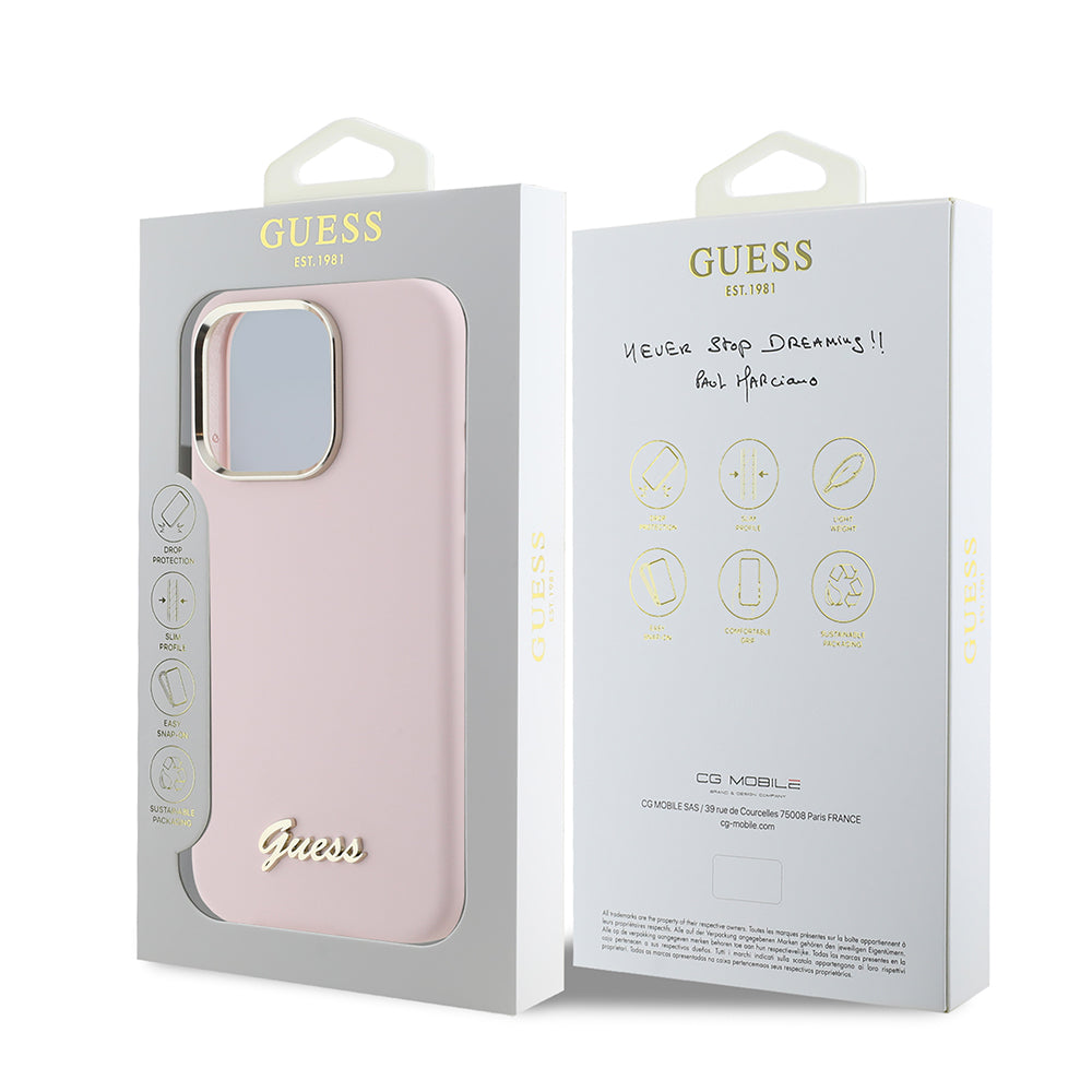 Ovitek za Apple iPhone 16 Pro, Guess, Script Metal Logo & Frame, Roza