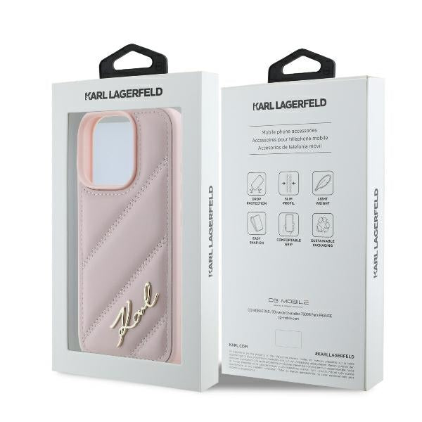 Ovitek za Apple iPhone 16 Pro, Karl Lagerfeld, Diagonal Quilted Script, Roza