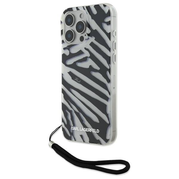 Ovitek za Apple iPhone 16 Pro, Karl Lagerfeld, IML Luxury Zebra Pattern with Strap, Črna