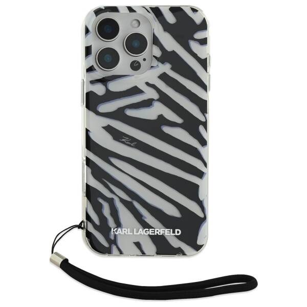 Ovitek za Apple iPhone 16 Pro, Karl Lagerfeld, IML Luxury Zebra Pattern with Strap, Črna
