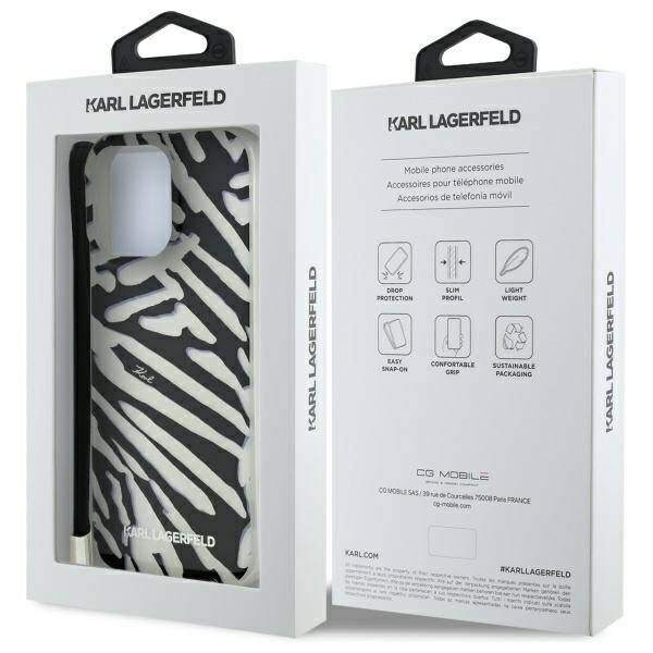 Ovitek za Apple iPhone 16 Pro, Karl Lagerfeld, IML Luxury Zebra Pattern with Strap, Črna