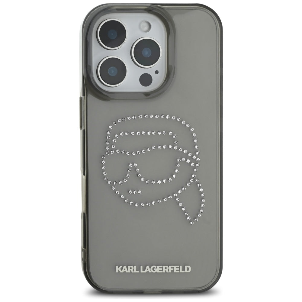 Ovitek za Apple iPhone 16 Pro, Karl Lagerfeld, IML Rhinestones Karl's Head, črn