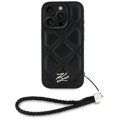 Ovitek za Apple iPhone 16 Pro, Karl Lagerfeld, Quilted Initial Logo & Chain Strap, črn