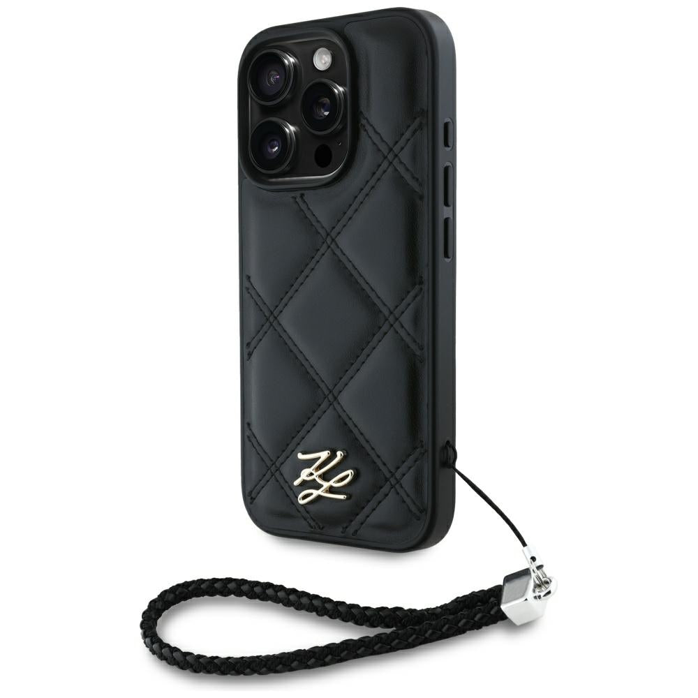 Ovitek za Apple iPhone 16 Pro, Karl Lagerfeld, Quilted Initial Logo & Chain Strap, črn