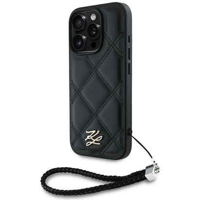Ovitek za Apple iPhone 16 Pro, Karl Lagerfeld, Quilted Initial Logo & Chain Strap, črn