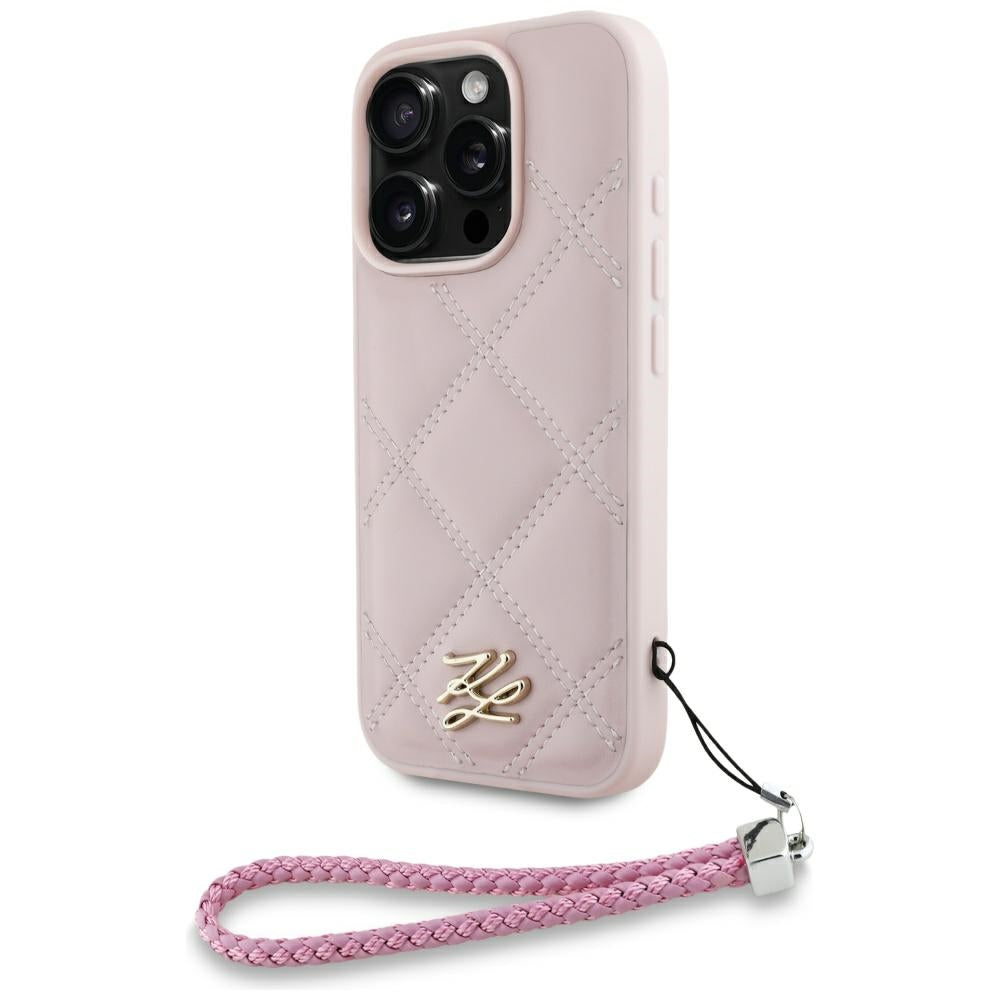 Ovitek za Apple iPhone 16 Pro, Karl Lagerfeld, Quilted Initial Logo & Chain Strap, Roza