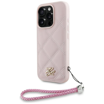 Ovitek za Apple iPhone 16 Pro, Karl Lagerfeld, Quilted Initial Logo & Chain Strap, Roza