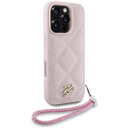 Ovitek za Apple iPhone 16 Pro, Karl Lagerfeld, Quilted Initial Logo & Chain Strap, Roza