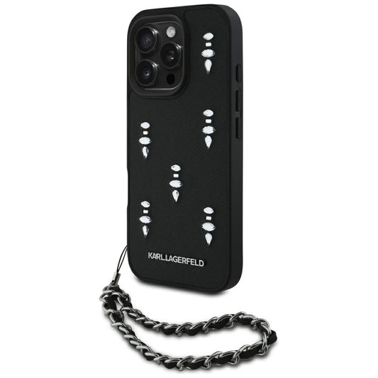 Ovitek za Apple iPhone 16 Pro, Karl Lagerfeld, Saffiano Crystals & Charm, črn