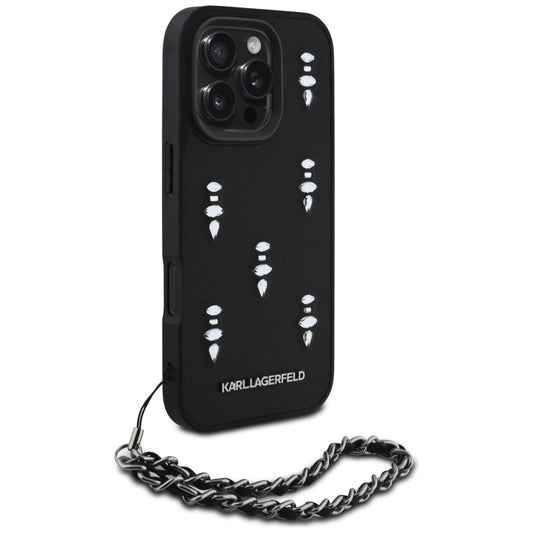 Ovitek za Apple iPhone 16 Pro, Karl Lagerfeld, Saffiano Crystals & Charm, črn