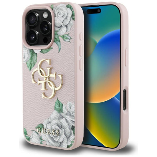 Ovitek za Apple iPhone 16 Pro Max, Guess, 4G Grained Roses Big Logo, Roza