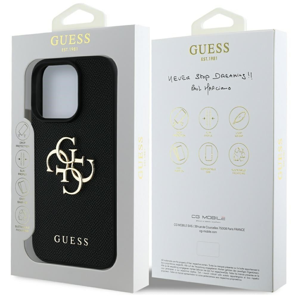 Ovitek za Apple iPhone 16 Pro Max, Guess, Grained Big 4G Logo Small Classic Logo, črn