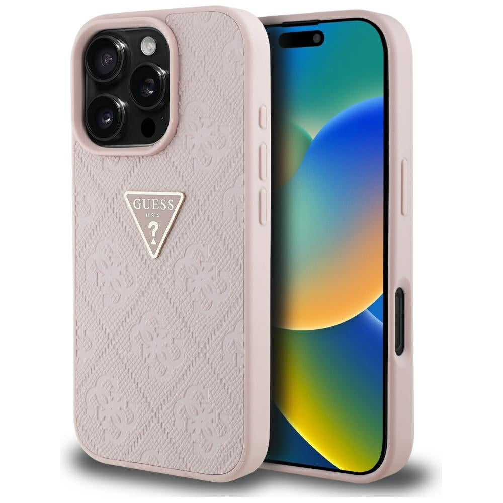 Ovitek za Apple iPhone 16 Pro Max, Guess, Hot Stamp 4G Pattern Triangle Logo, Roza