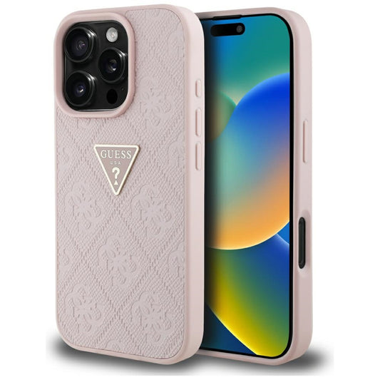 Ovitek za Apple iPhone 16 Pro Max, Guess, Hot Stamp 4G Pattern Triangle Logo, Roza