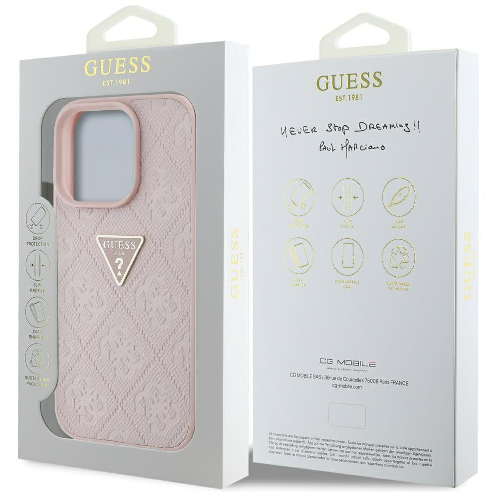 Ovitek za Apple iPhone 16 Pro Max, Guess, Hot Stamp 4G Pattern Triangle Logo, Roza