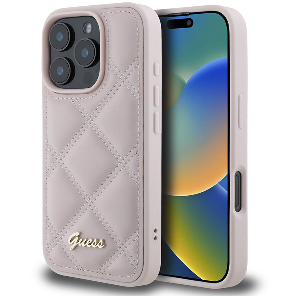 Ovitek za Apple iPhone 16 Pro Max, Guess, Quilted Metal Logo, Roza