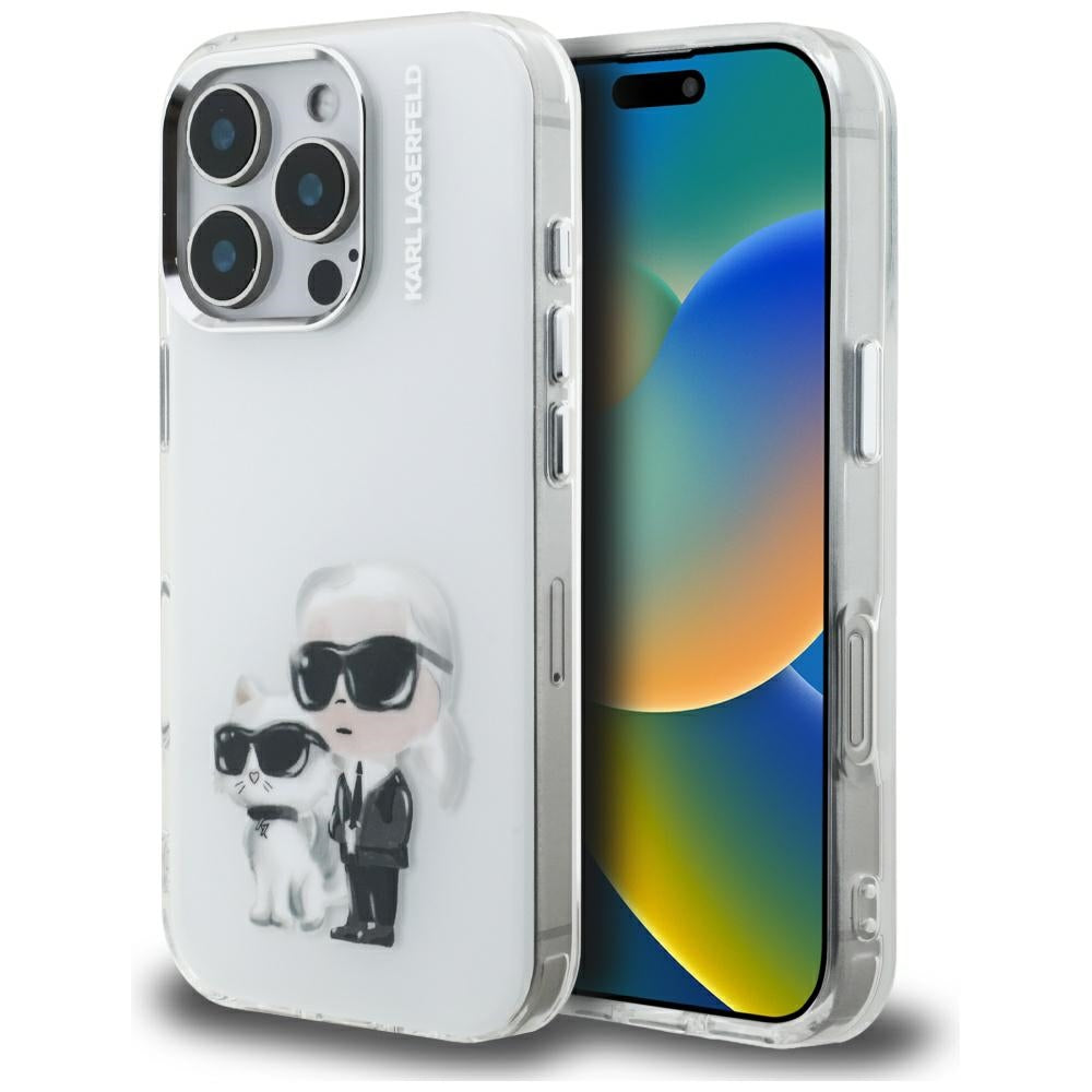Ovitek za Apple iPhone 16 Pro Max, Karl Lagerfeld, IML Aquarelle Logo Karl & Choupette, Bela