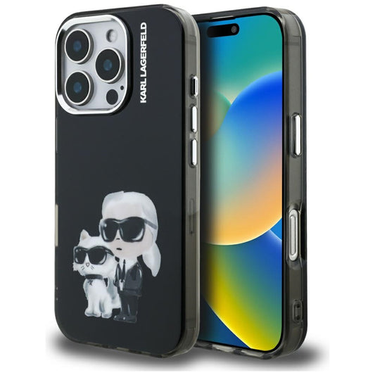 Ovitek za Apple iPhone 16 Pro Max, Karl Lagerfeld, IML Aquarelle Logo Karl & Choupette, črn