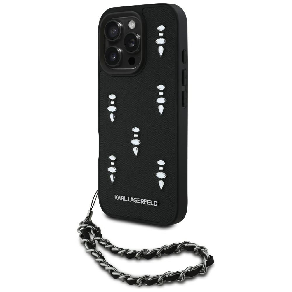 Ovitek za Apple iPhone 16 Pro Max, Karl Lagerfeld, Saffiano Crystals & Charm, črn
