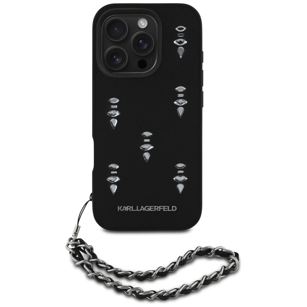 Ovitek za Apple iPhone 16 Pro Max, Karl Lagerfeld, Saffiano Crystals & Charm, črn