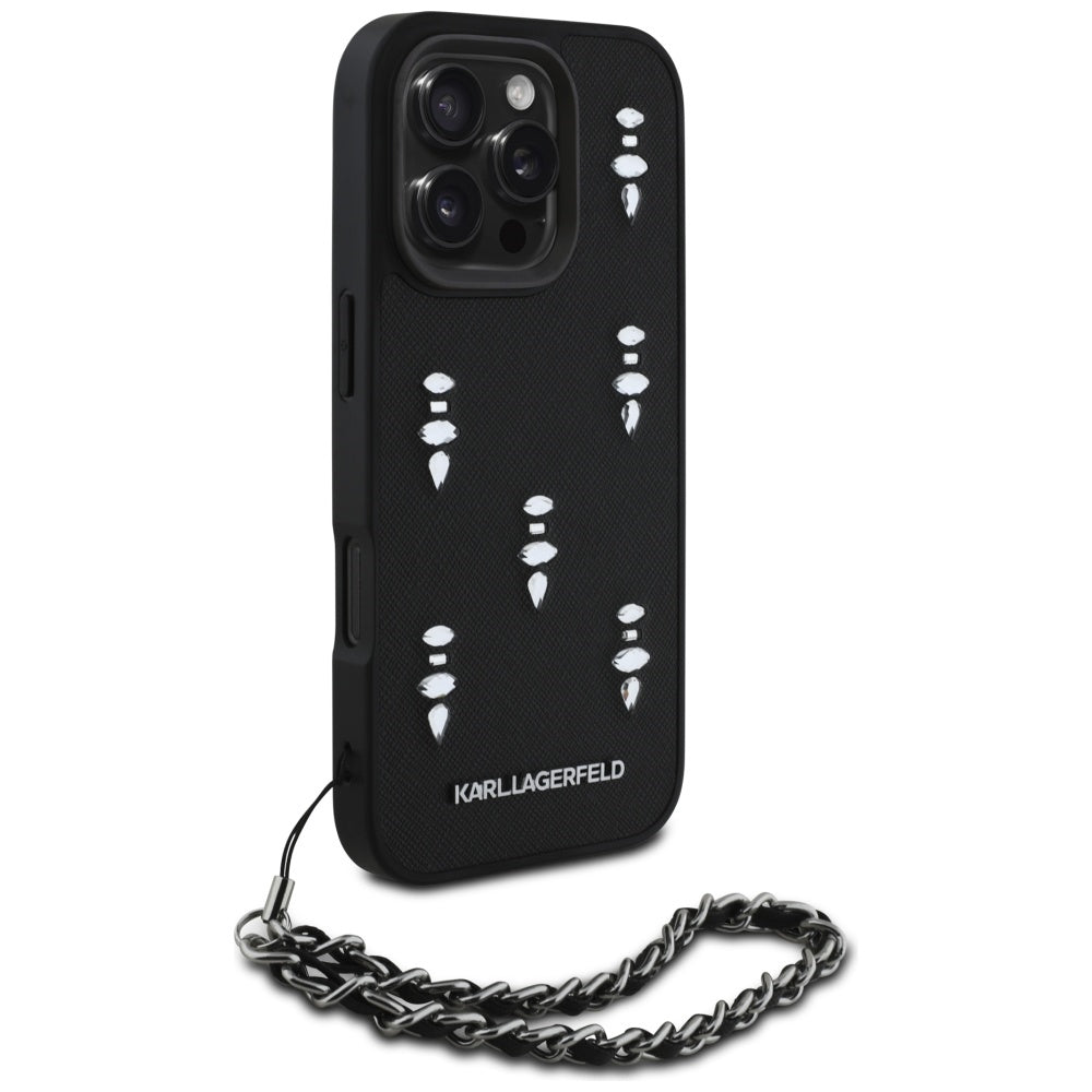 Ovitek za Apple iPhone 16 Pro Max, Karl Lagerfeld, Saffiano Crystals & Charm, črn