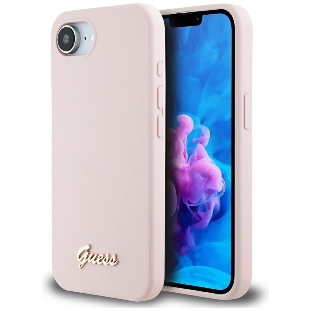 Ovitek za Apple iPhone 16e, Guess, Script Metal Logo, Roza