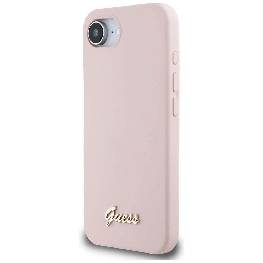 Ovitek za Apple iPhone 16e, Guess, Script Metal Logo, Roza