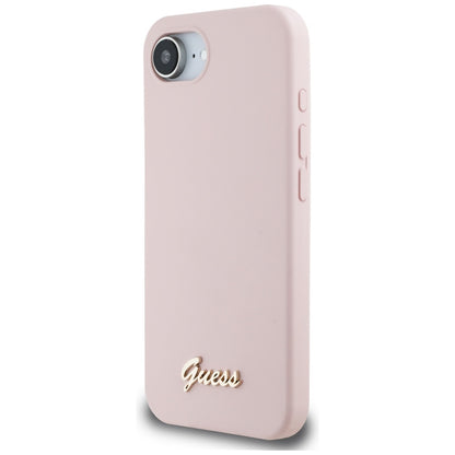 Ovitek za Apple iPhone 16e, Guess, Script Metal Logo, Roza