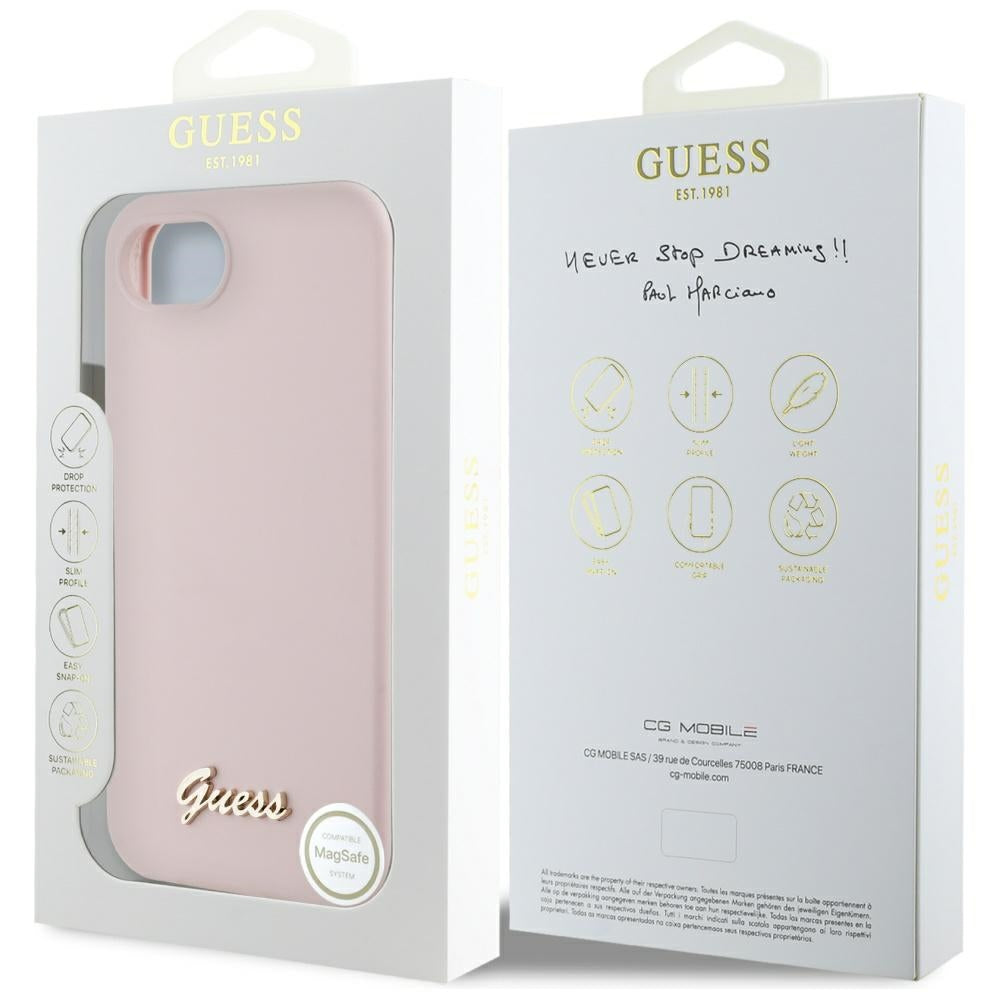 Ovitek za Apple iPhone 16e, Guess, Script Metal Logo, Roza